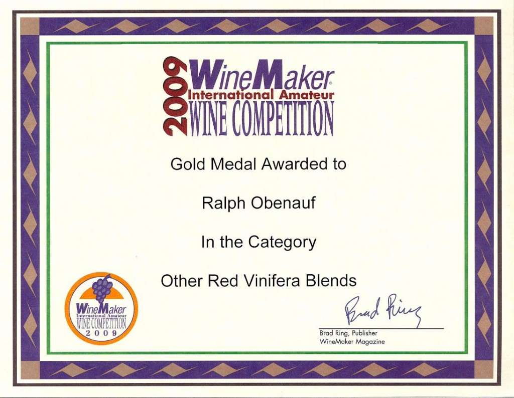 Obies Wine Gold Medal Certificate