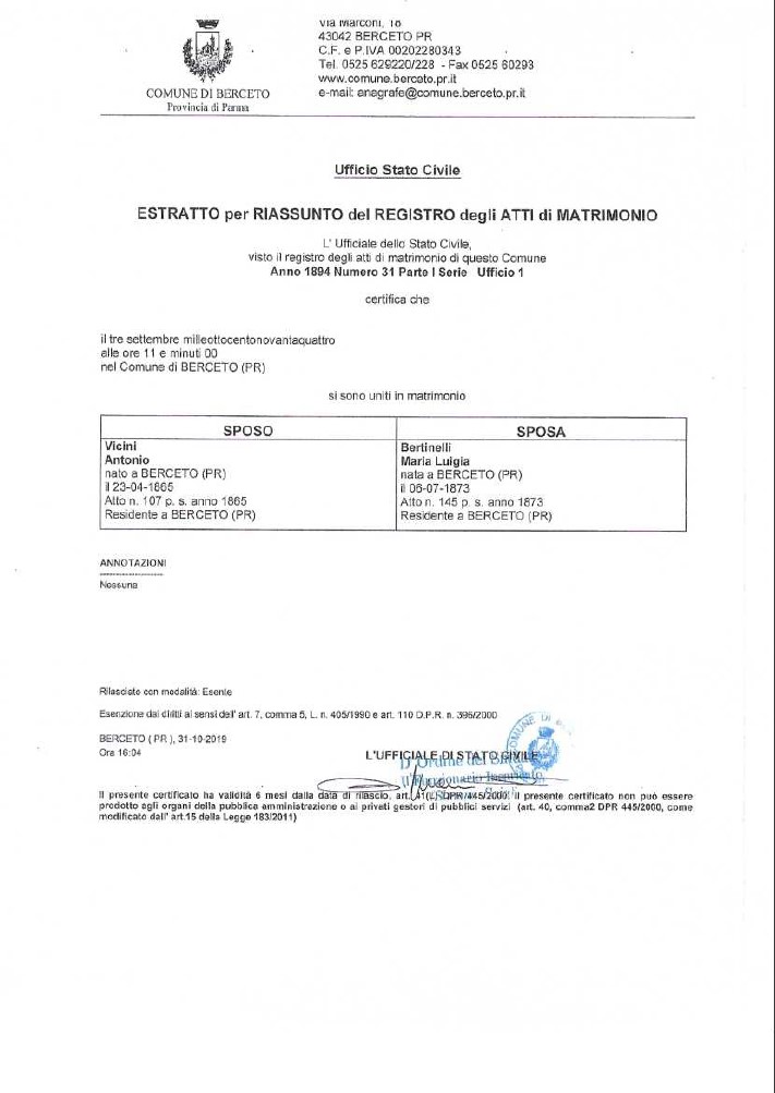 Marriage Certification Vicini-Bertinelli, Bercetto